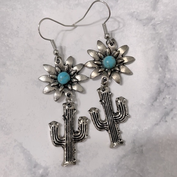 Silver Daisy Cactus Drop Earrings - Picture 9 of 14